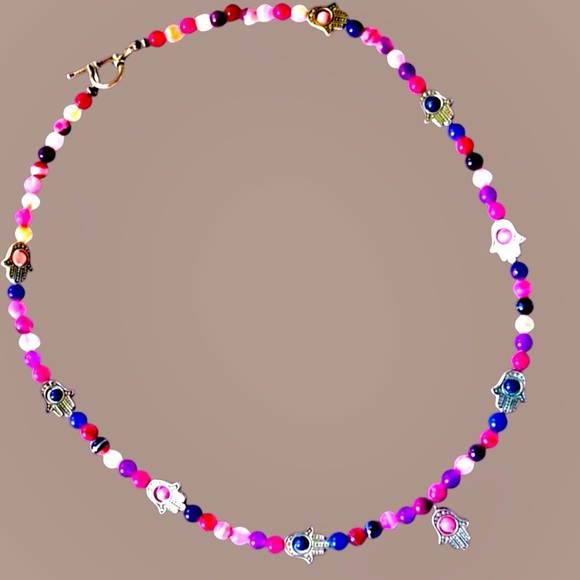 Hamsa Hand & Agate beaded Pink, Blue, Purple, & Silver Beaded Necklace Toggle - Picture 3 of 4